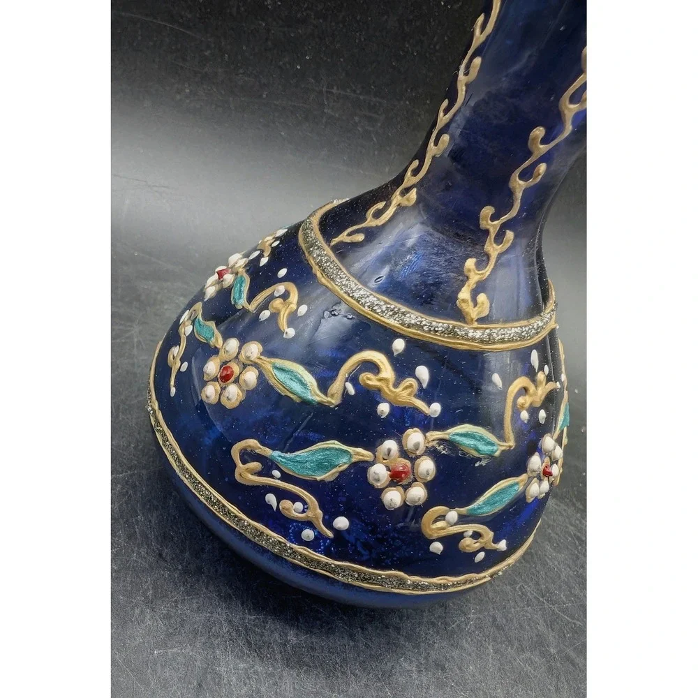 Vintage Cobalt Blue Glass Vase Hand Painted Enamel Floral Gilt Scrollwork Ornate